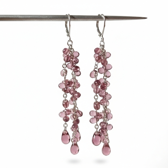 Earrings 3" NEW Drop Dangle Purple Teardrop Silver Rhodium Plated Vintage USA - Picture 6 of 10